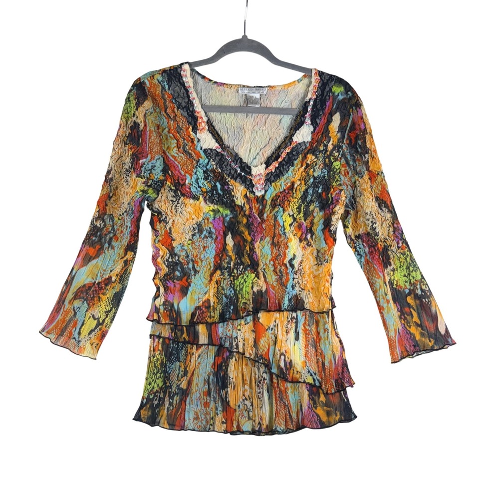 Alberto Makali Y2K Boho Maximalist Beaded Lace Ruffle Top L Whimsigoth Textured